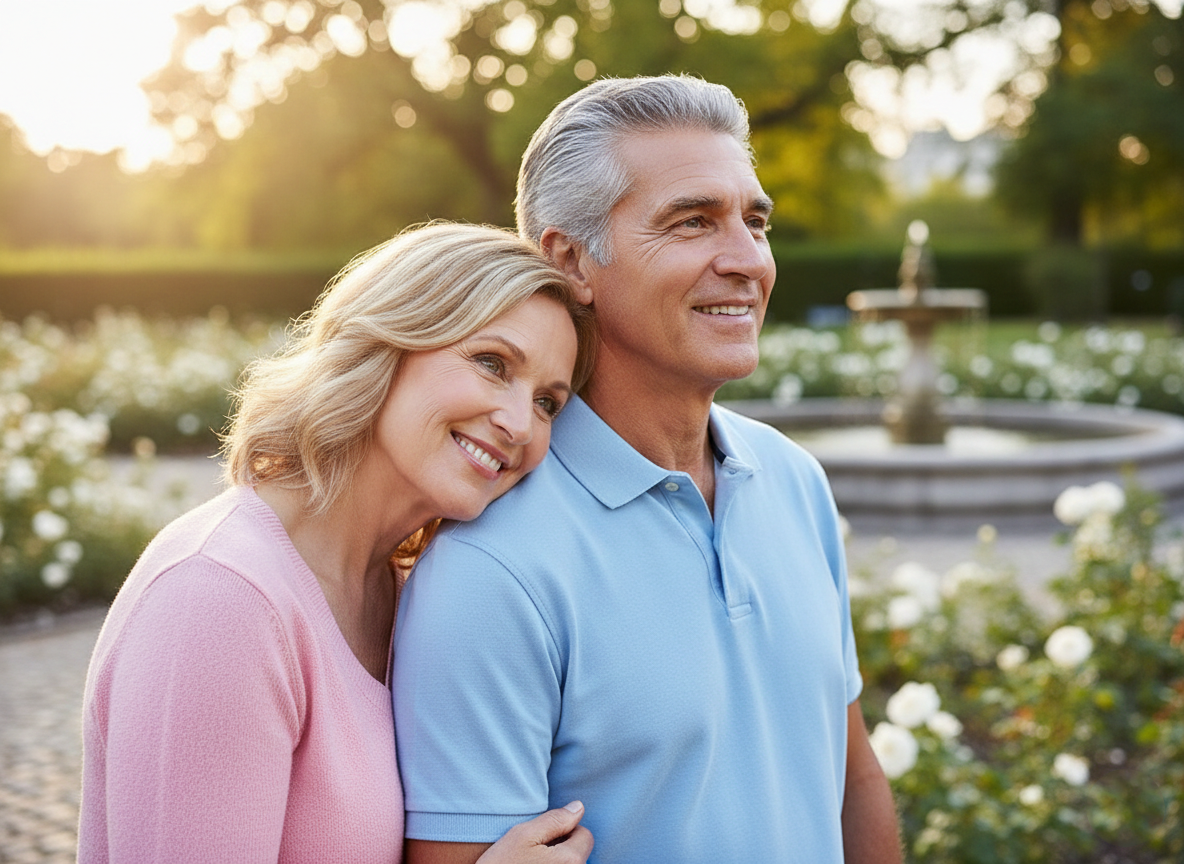 Smiling couple in a garden at sunset, with flowers and a fountain in the background