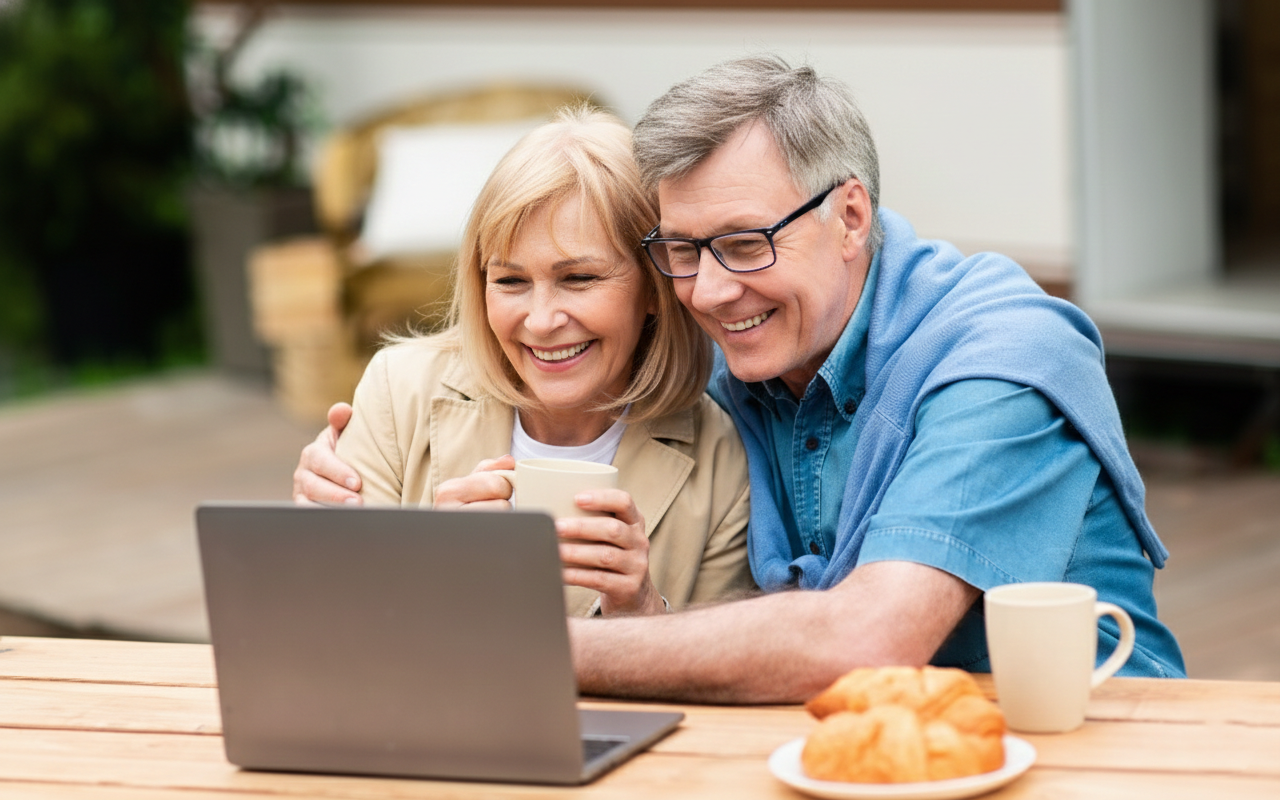 Smiling couple using a laptop at an outdoor table with coffee and croissants