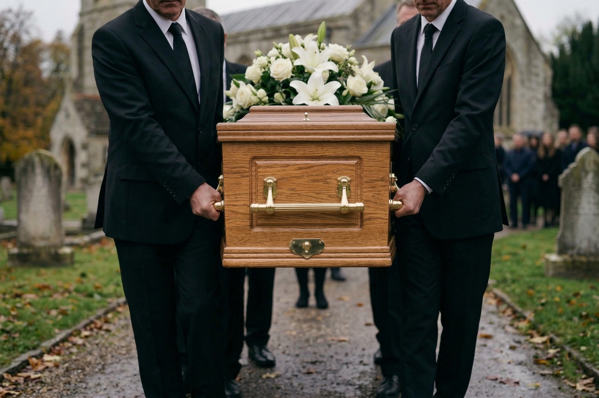 Two men in black suits carry a wooden coffin with white flowers through a cemetery path.
