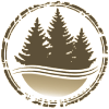Circular brown-and-white logo with pine trees above a wavy landscape, ringed by decorative text