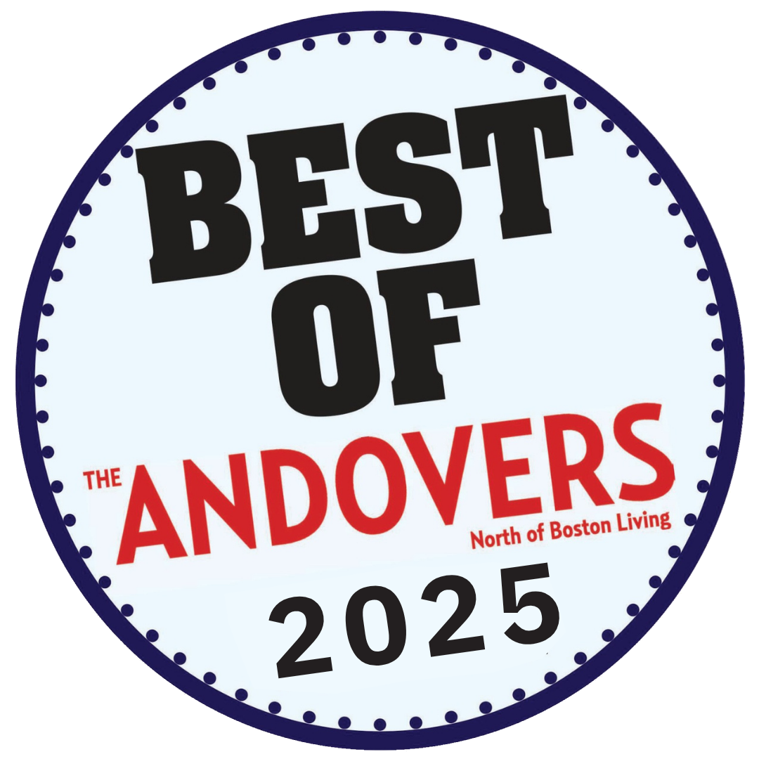 Circular “Best of the Andovers” 2025 logo in black, red, and blue with a dotted border