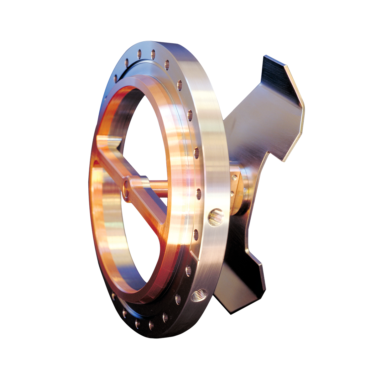 10 inch custom copper/stainless bimetal ConFlat radiant heat sink with water cooling channels for shielding cryopumps. 