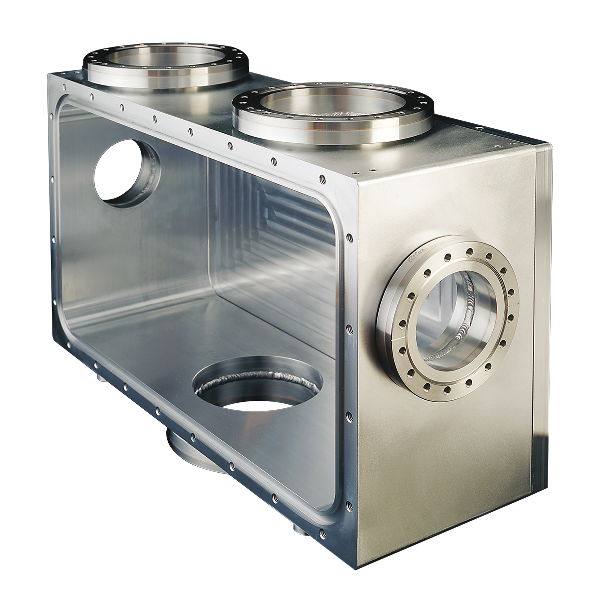 Custom aluminum x-ray mirror-mount chamber with bimetal Al/SS ConFlat flanges, used for synchrotron applications.
