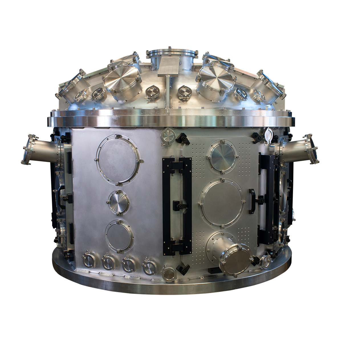 5' diameter, aluminum vacuum chamber with many targeting ports for laser interaction experiments. 