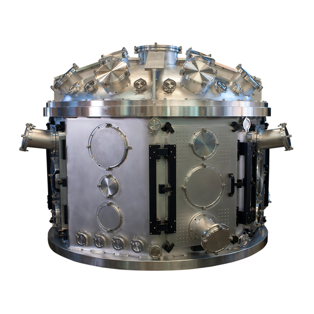 5' diameter, aluminum vacuum chamber with extensive series of targeting ports for laser interaction experiments. 