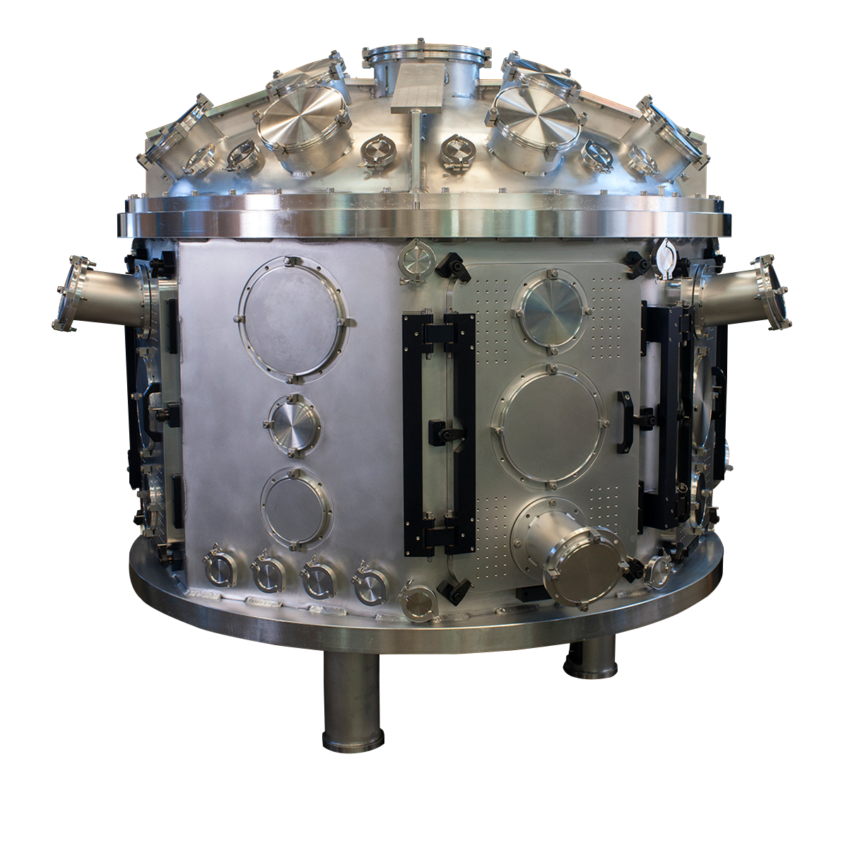 5' diameter, aluminum vacuum chamber with many targeting ports for laser interaction experiments. 