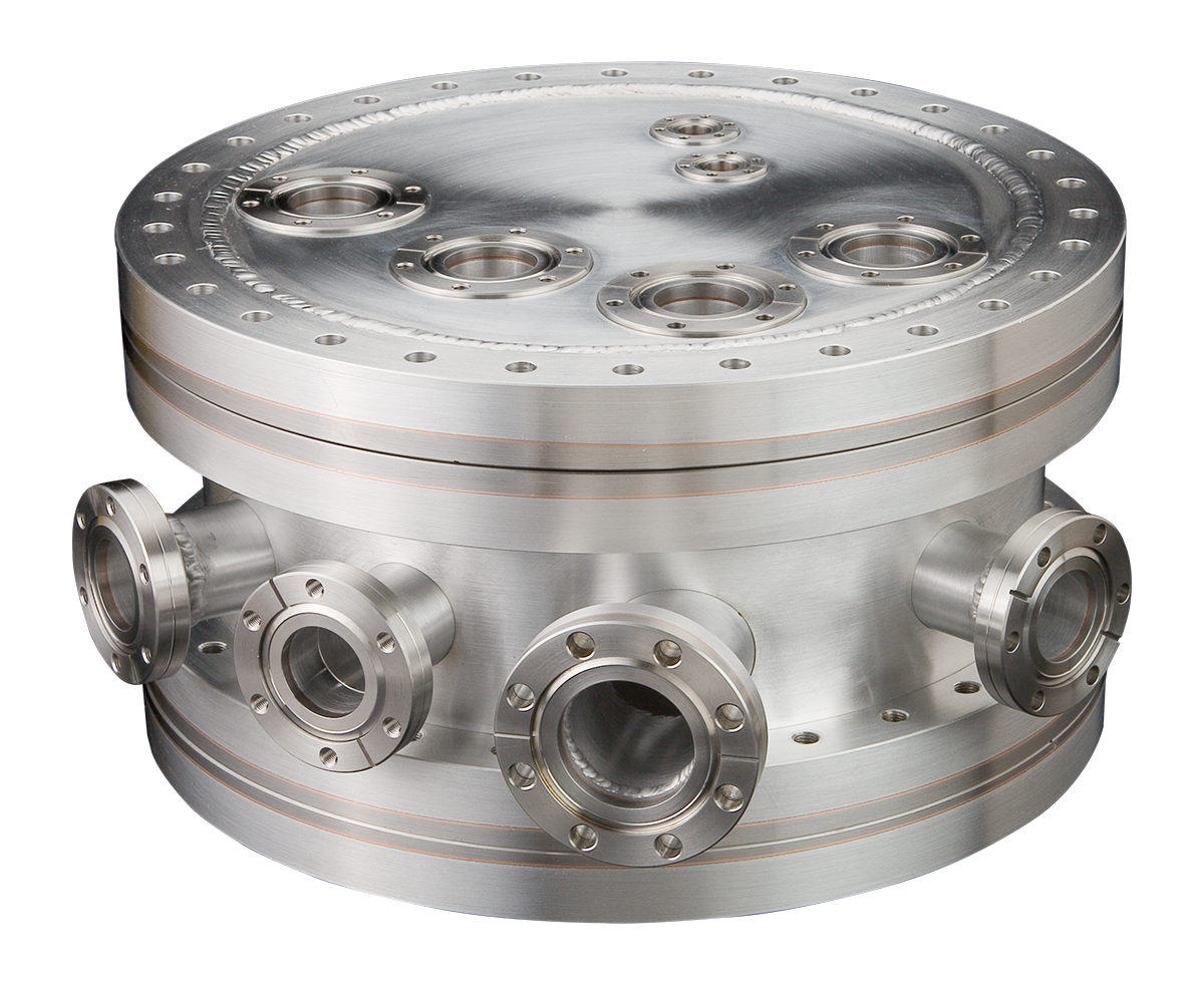 A cylindrical aluminum UHV chamber with bimetal conflat flush mount and weld neck flanges sized from 1.33 to 4.5”.