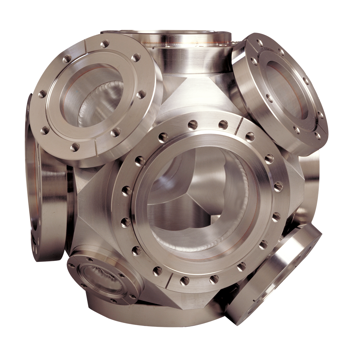 A 12-sided, titanium vacuum chamber with conflat flanges on each side.