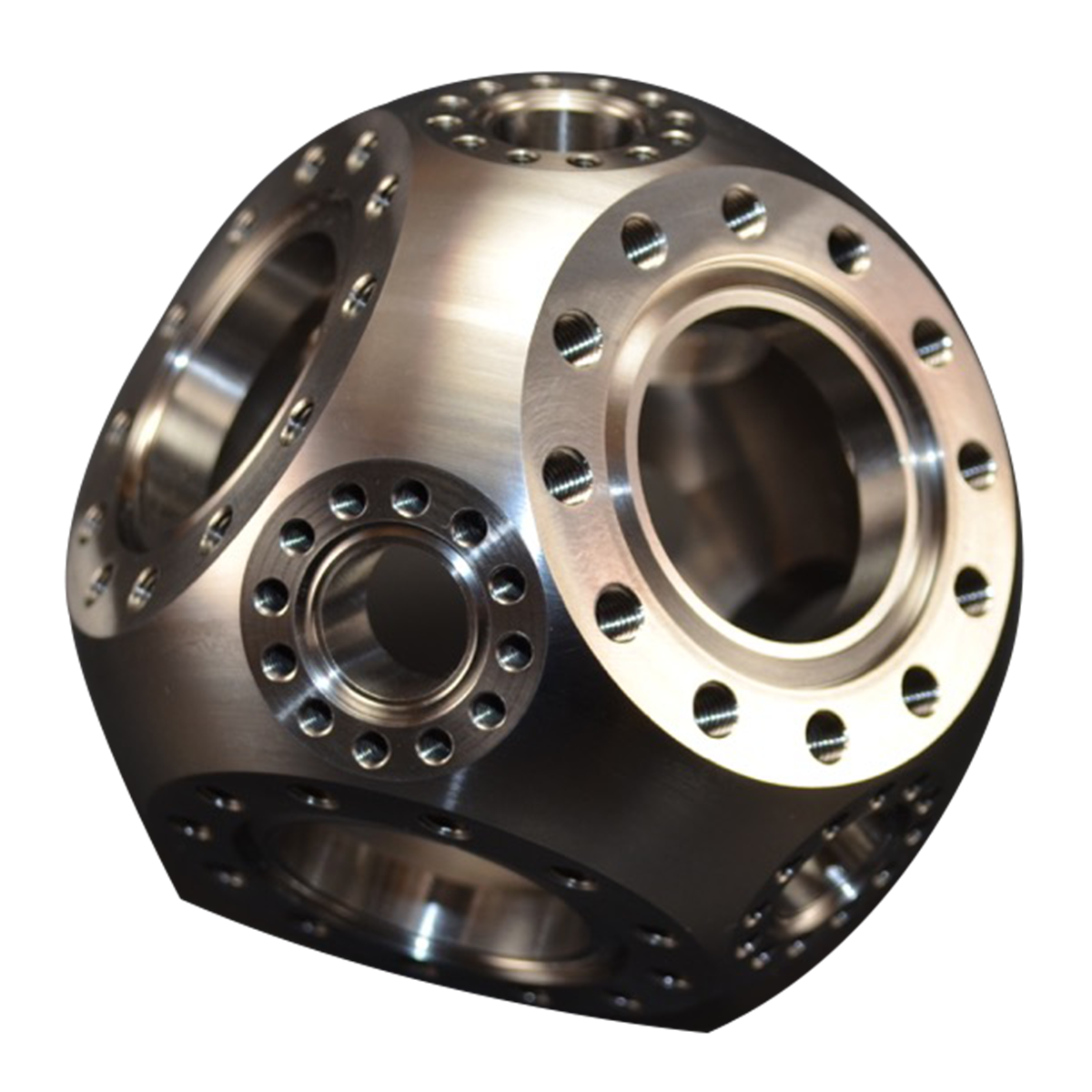 UHV titanium spherical cube chamber featuring multiple mini flanges and 2.75