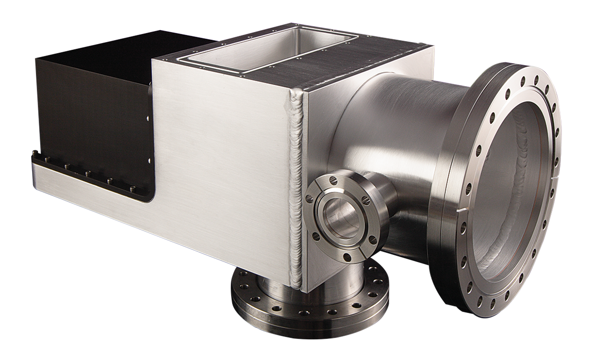 Aluminum vacuum chamber with thin-walled, black anodized x-ray optic section and rotatable ConFlat® (CF) bimetal flanges.