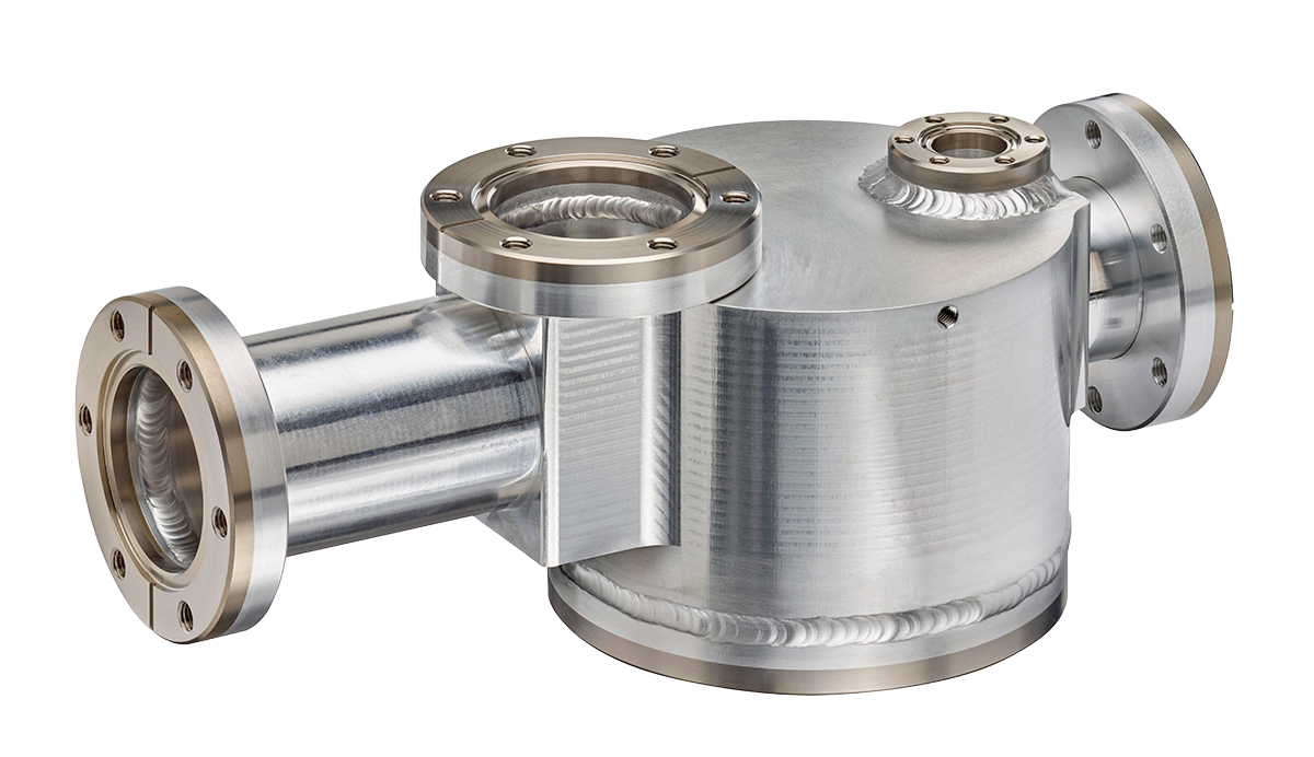Lightweight, non-magnetic UHV aluminum vacuum chamber with titanium flanges.