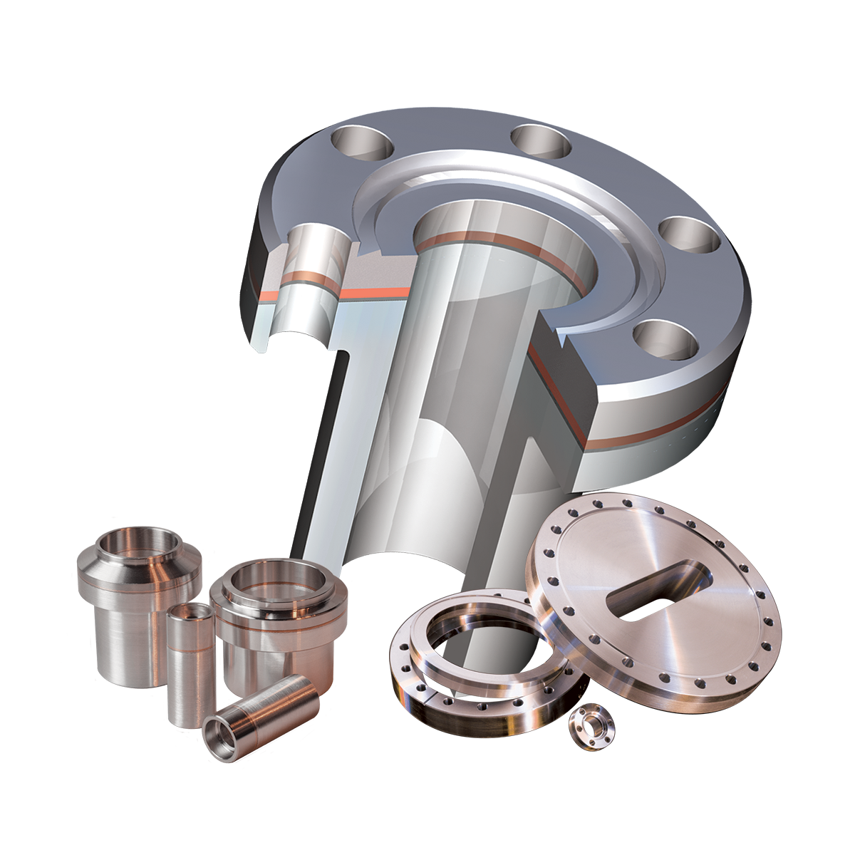 A group of explosion bonded bimetal components - 4 pipe fittings, 3 flanges and a cross-section showing bond lines.