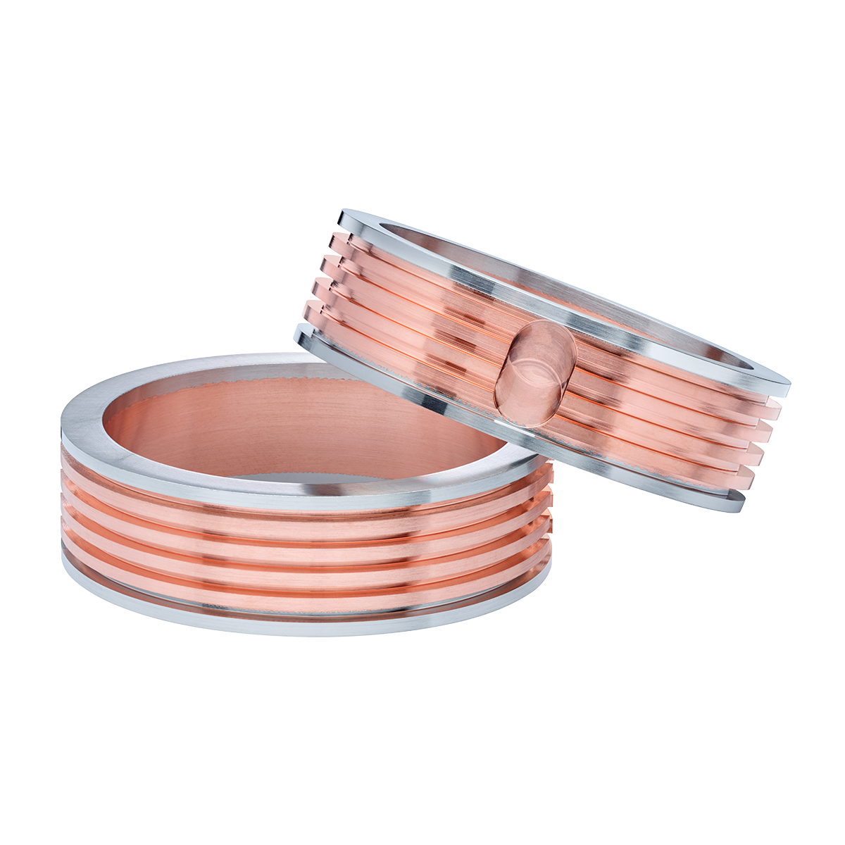Two bonded bimetal stainless steel/copper/stainless steel fittings used for heat extraction in cryogenics.