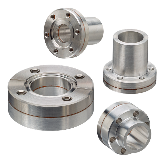 Four bimetal aluminum-stainless flanges in flush mount and weld neck configurations, 1.33" to 2.12" sizes.