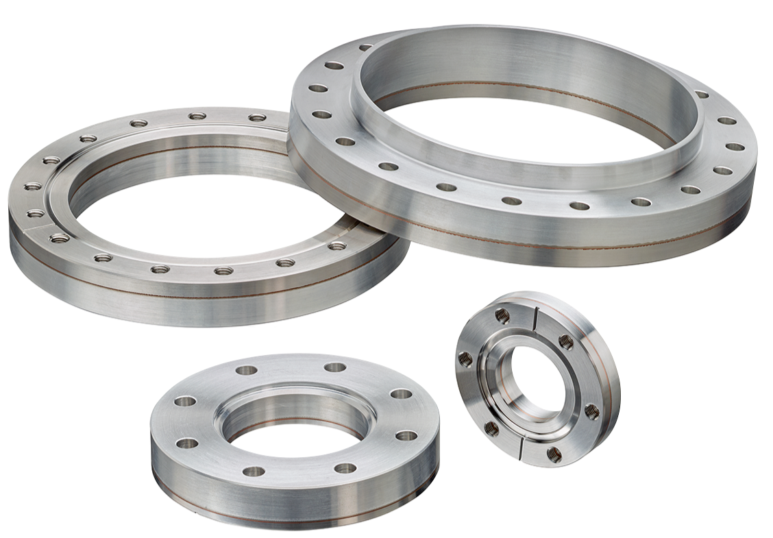 Four aluminum-stainless bimetal flanges in tube-mount, weld-neck and flush-mount configurations, sized 2.75