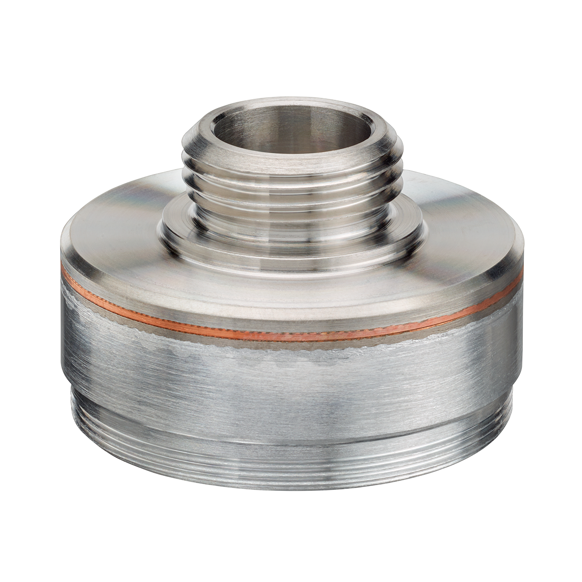 A custom bimetal aluminum/stainless threaded adapter for use in aerospace.