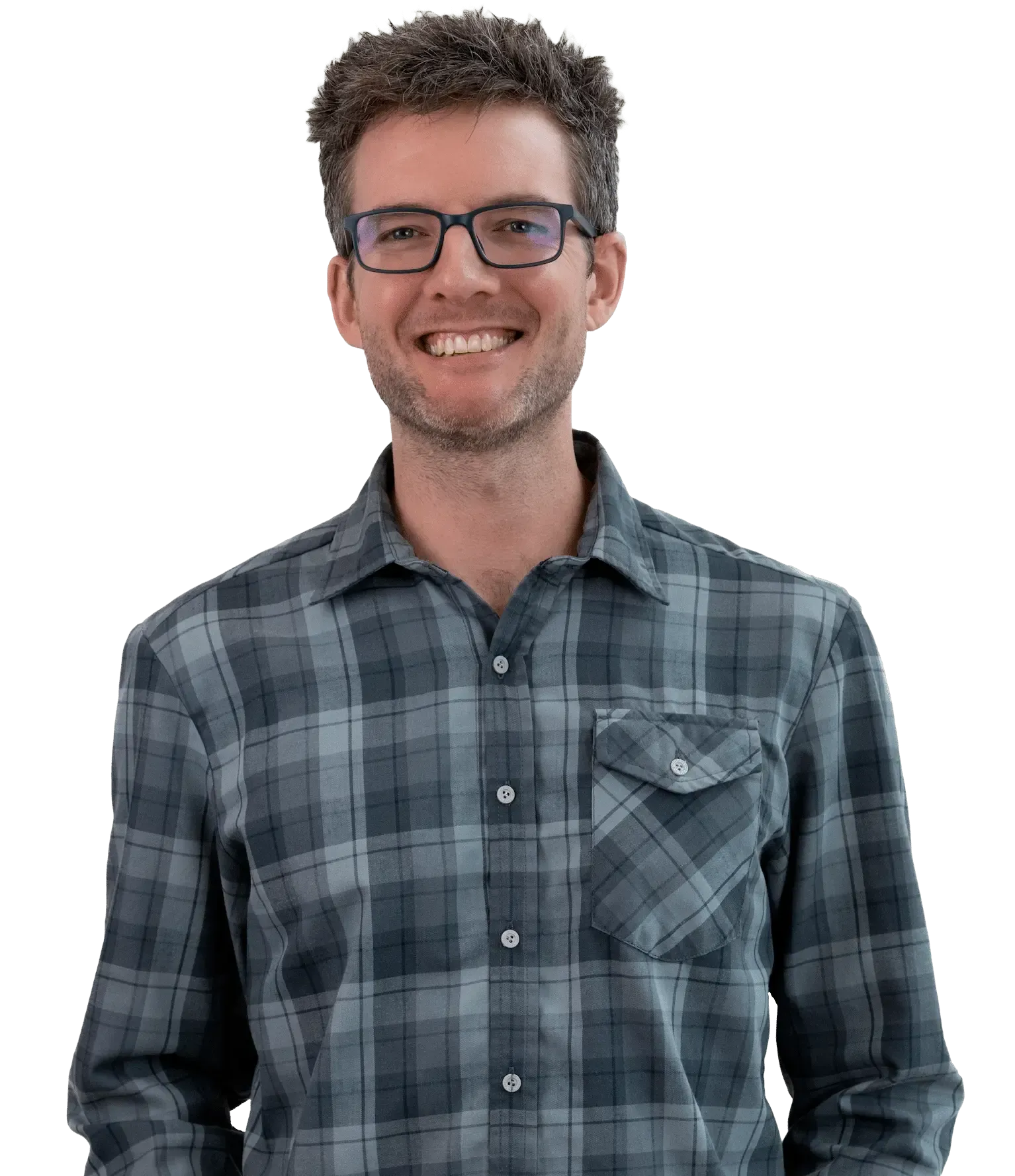 Jimmy Stewart, Technical Sales Manager, wears glasses and a gray plaid shirt.