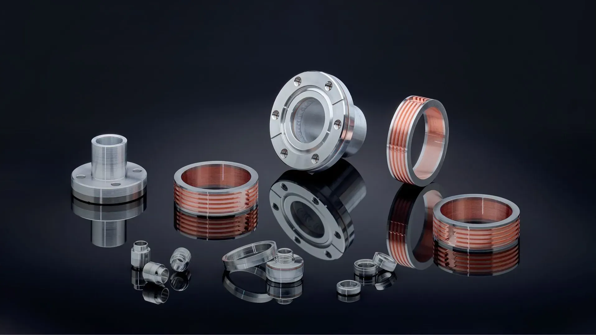A collection of bonded bimetal flanges and fittings using aluminum, copper, niobium, titanium, stainless steel.