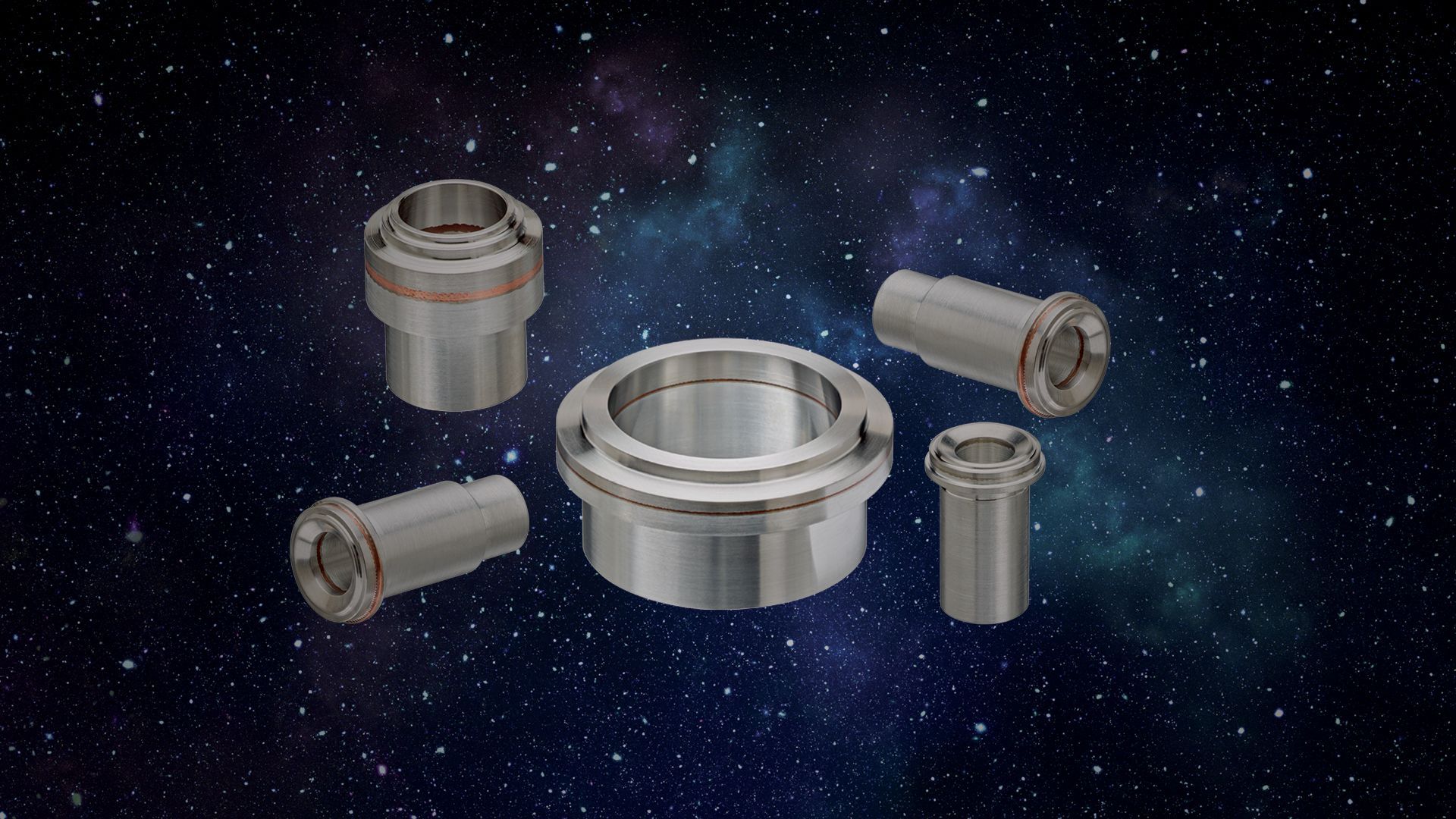 A collection of ATCRBI bimetal face seal fittings in various sizes and configurations float in star-filled space.