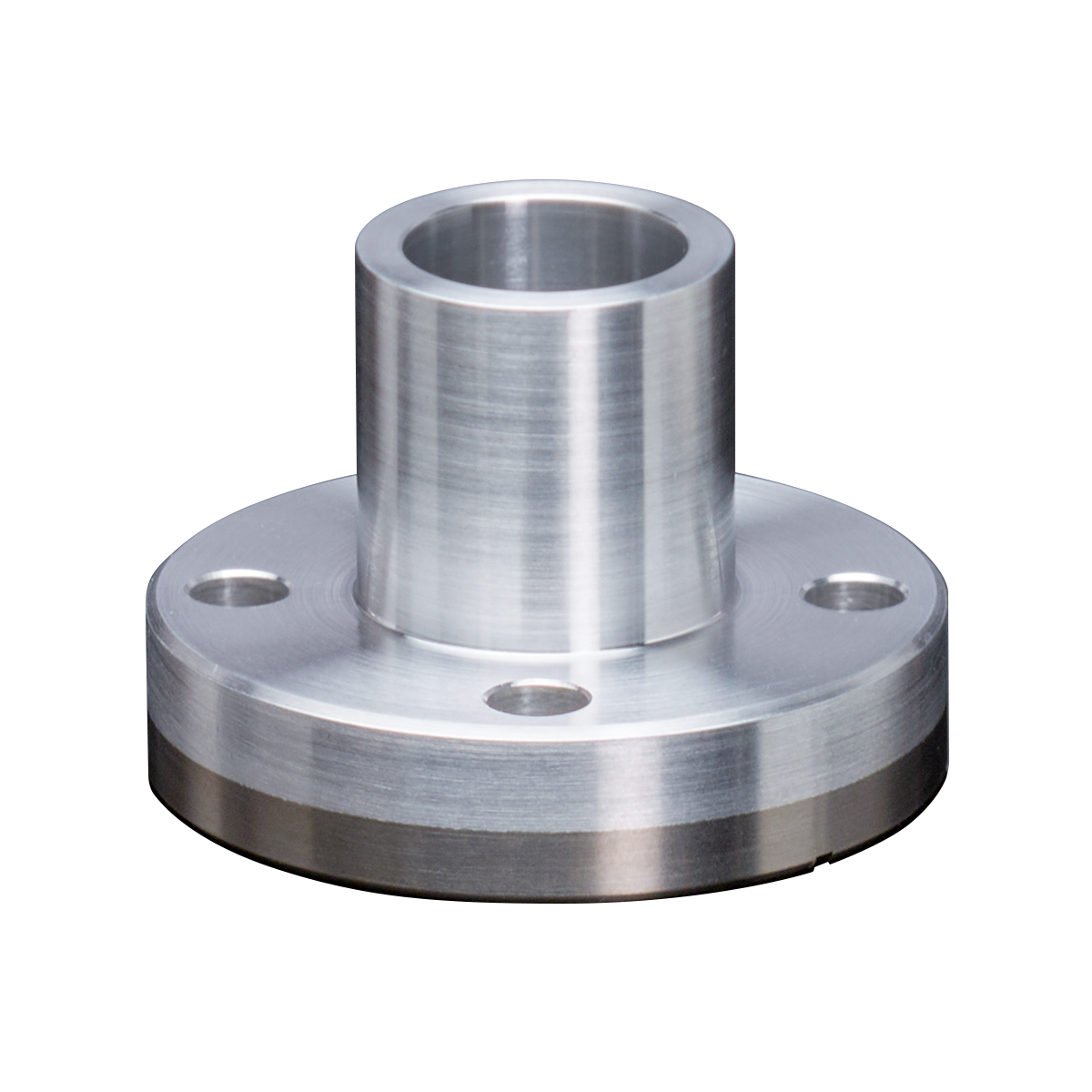 Bimetal aluminum-stainless weld neck flange features a wide diameter base with a narrower diameter neck for welding. 