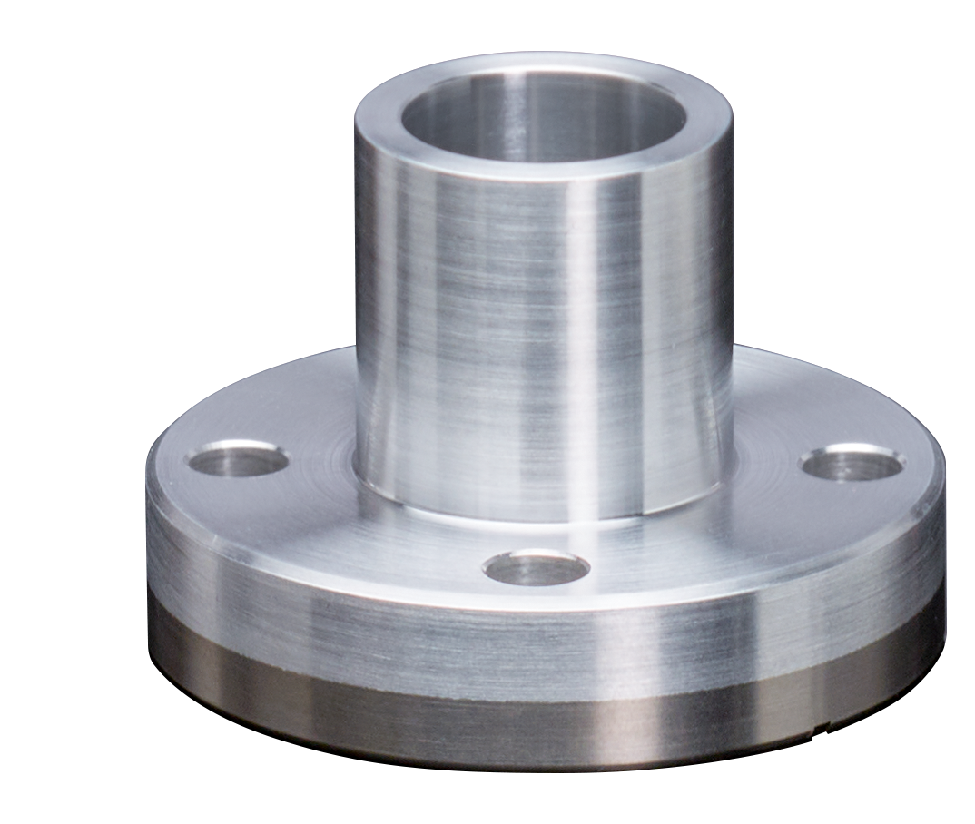 Bimetal aluminum-stainless weld neck flange features a wide diameter base with a narrower diameter neck for welding. 