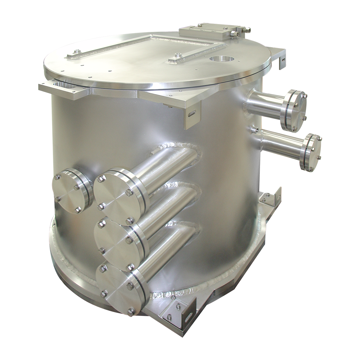 One meter diameter aluminum vacuum chamber for atomic layer deposition (ALV), with multiple ISO ports and hinged door. 