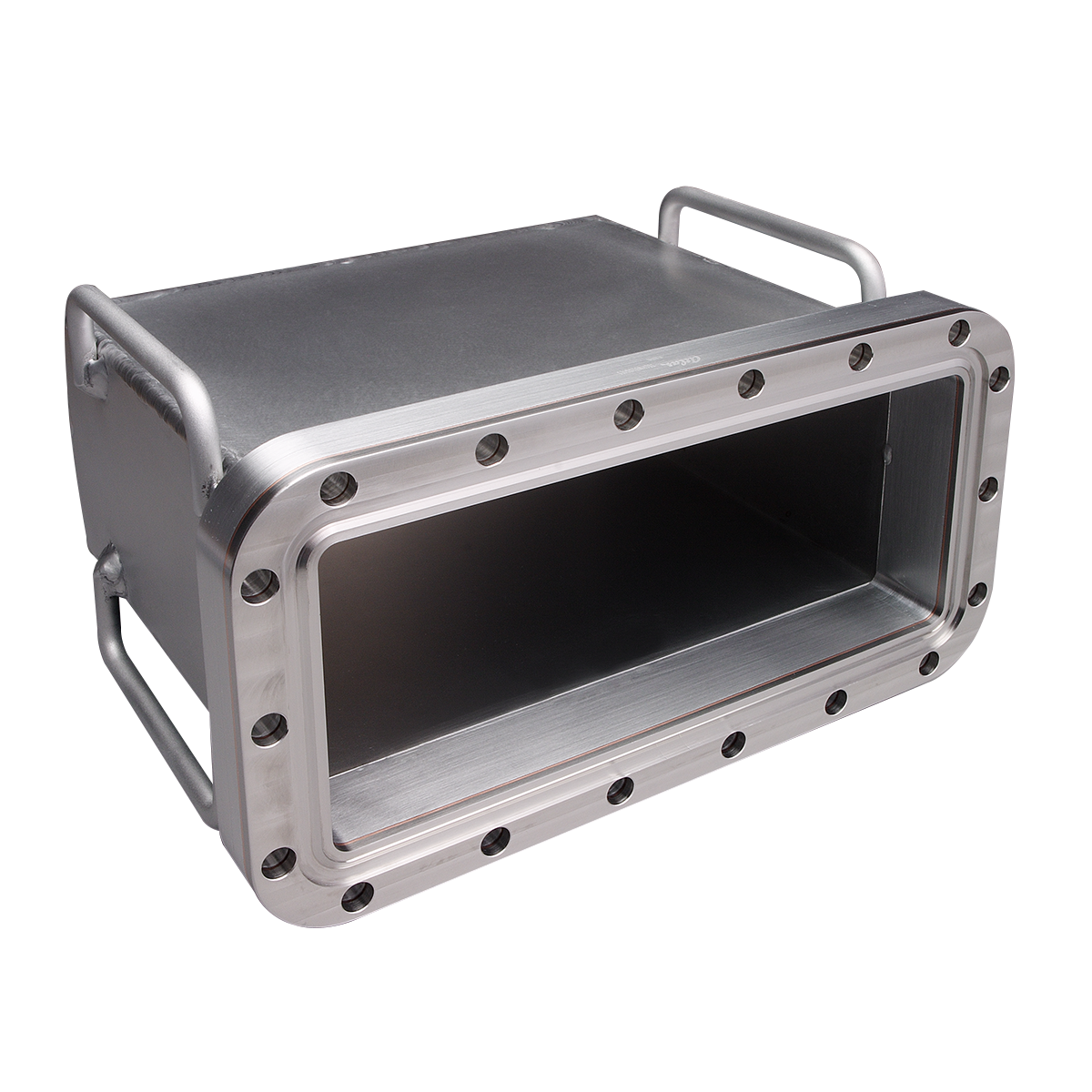 Lightweight aluminum vacuum chamber with custom rectangular ConFlat flange used for transporting wafers under vacuum. 