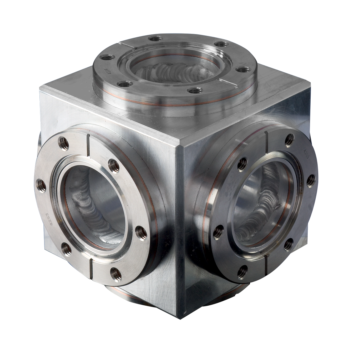Three inch, cube-shaped, aluminum UHV chamber bimetal flanges on each side for nanoscience experiments.