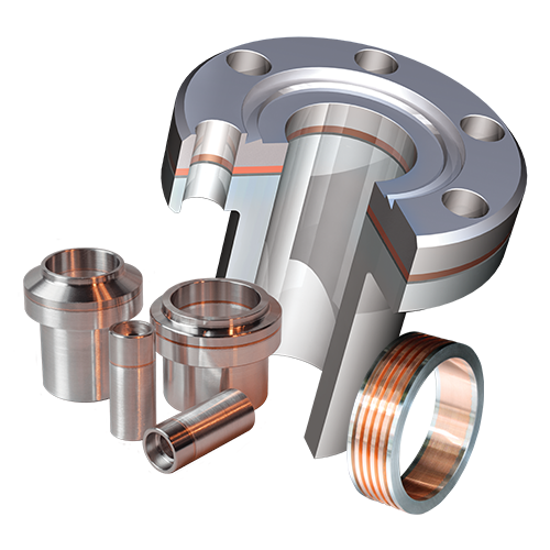 Hermetically bonded bimetal components: one flange, four tube and pipe transitions and a copper cryogenic water jacket.