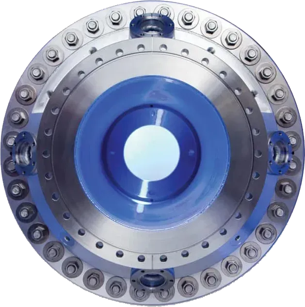 One end of an aluminum tubular chamber with large bimetal wire seal flange, a ConFlat flange and four 2.75