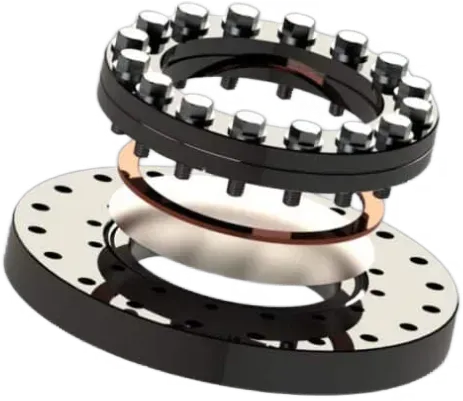 Exploded view of a UHV foil window flange showing the thin metallic window and copper gasket sandwiched between two flanges.