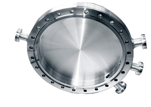 Eight-inch flange with three mini flanges on the outside and a thin custom aluminum membrane window for neutron optics.
