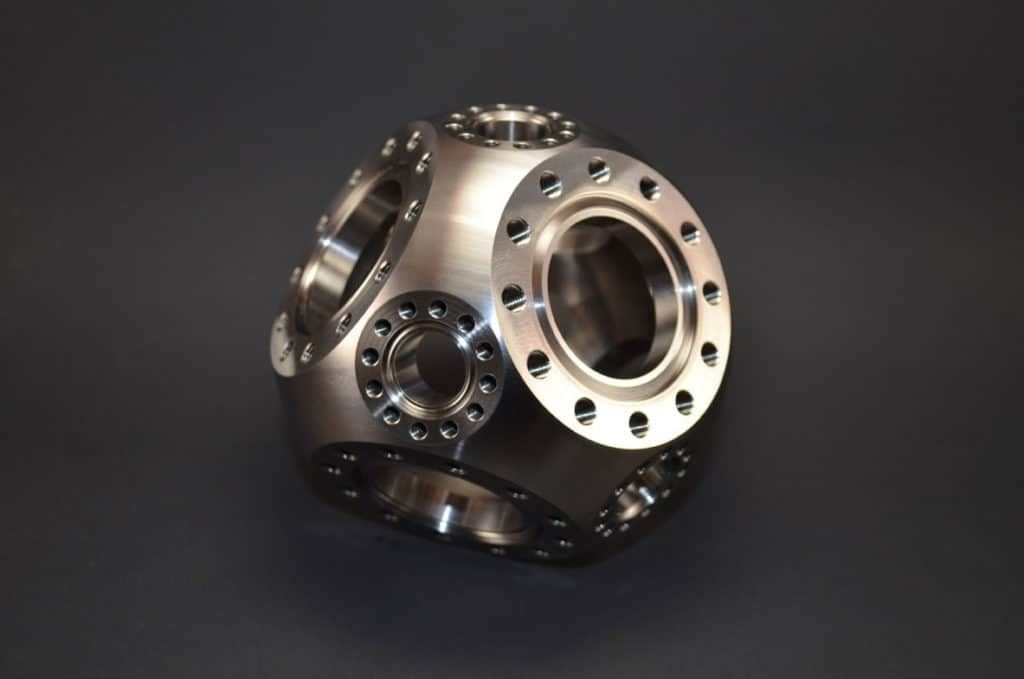 UHV titanium spherical cube chamber featuring multiple mini flanges and 2.75