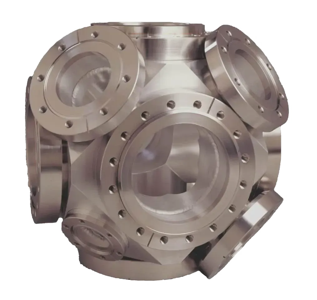 A 12-sided, titanium vacuum chamber with conflat flanges on each side.