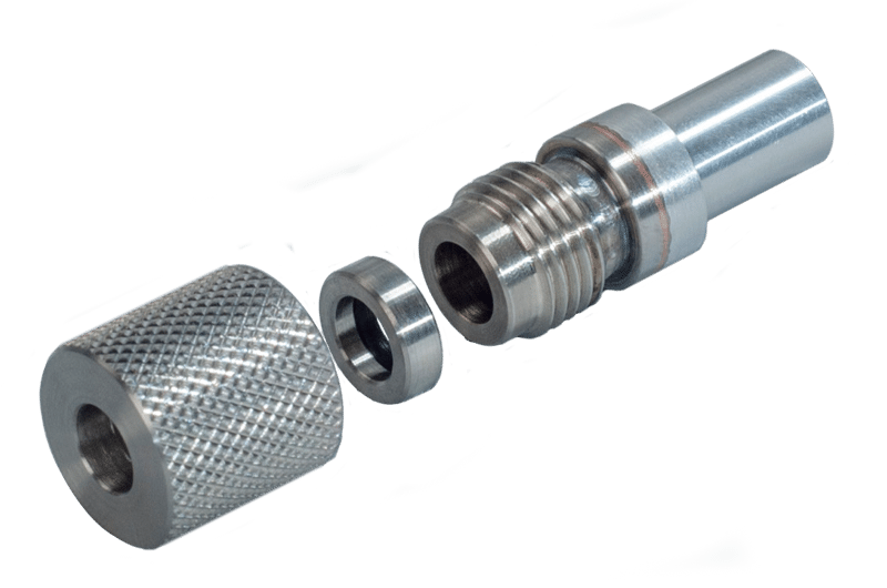 Quick disconnect fitting for welding to aluminum chamber, seals against tube ODs of standard tubes.