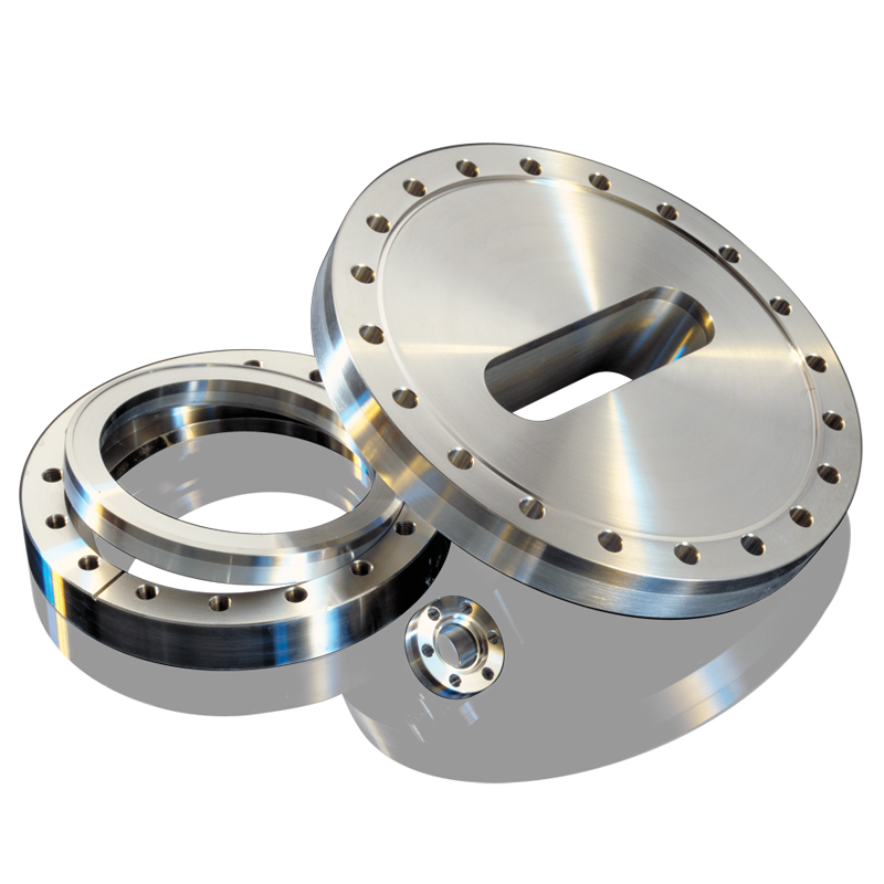 Three aluminum/stainless bimetal flanges of different sizes, one rotatable, one used for beamlines, and one mini flange.