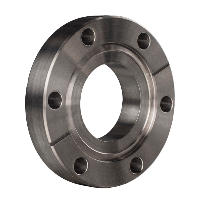 A close up of a titanium ConFlat flush mount flange on a white background.