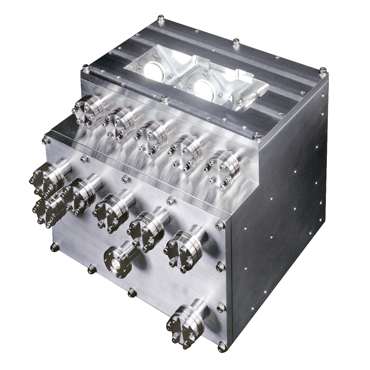 Stair-stepped, aluminum chamber with optical ports  on top and multiple mini flanges on lower levels. 