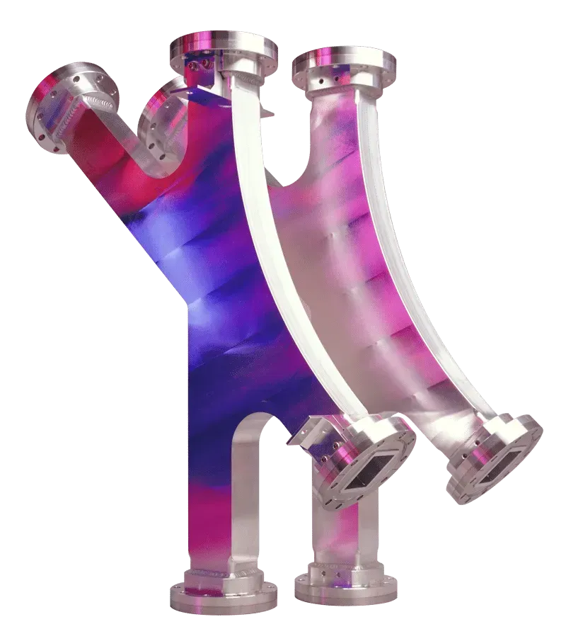 Two aluminum dipole chambers with additional ports for electron injection or  switching in synchrotron applications. 
