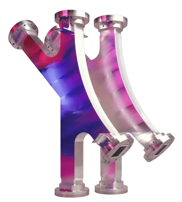 Two aluminum dipole chambers with additional ports for electron injection or  switching in synchrotron applications. 
