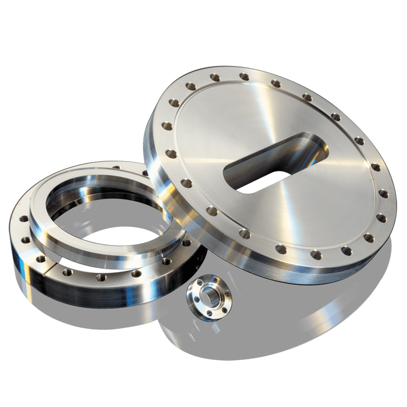 Three aluminum/stainless bimetal flanges of different sizes, one rotatable, one used for beamlines, and one mini flange.