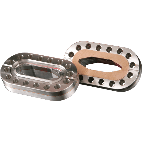 Custom racetrack shaped bimetal ConFlat flange with custom gasket for beamline RF accelerator.