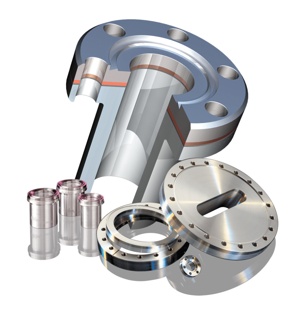 A selection of bimetal aluminum/stainless flanges and face seal fittings with a cross section showing the bond.