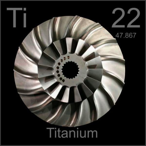 Abstract titanium component showing the periodic table symbol and atomic number.
