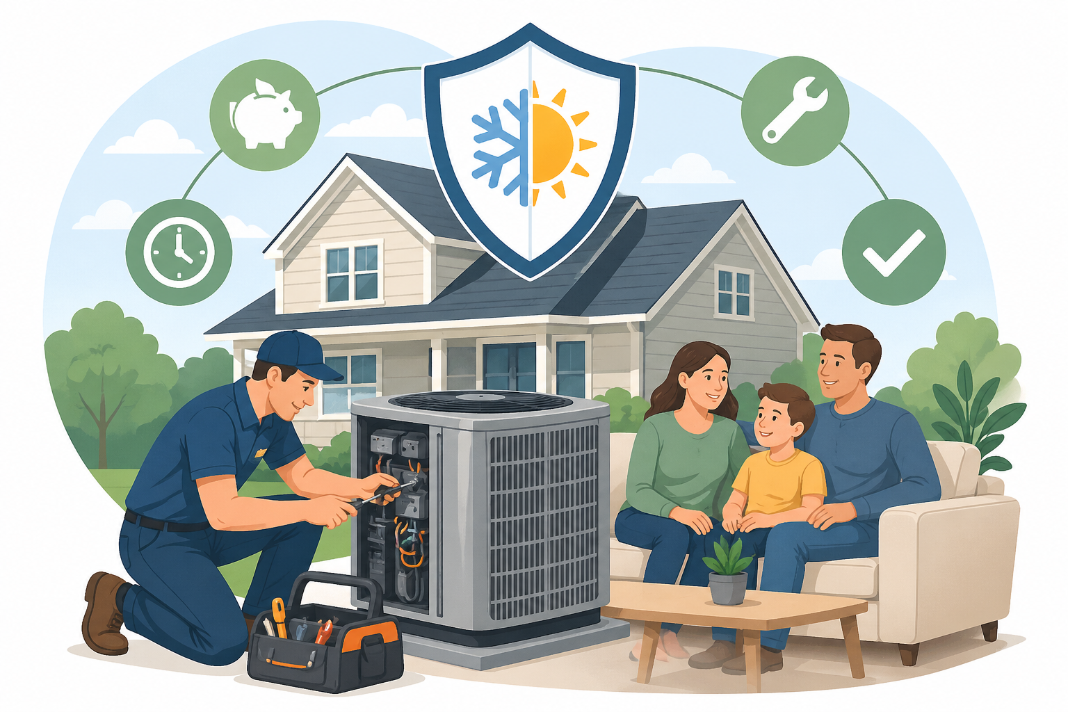 HVAC technician servicing outdoor unit beside smiling family on a sofa, with a house and energy icons above