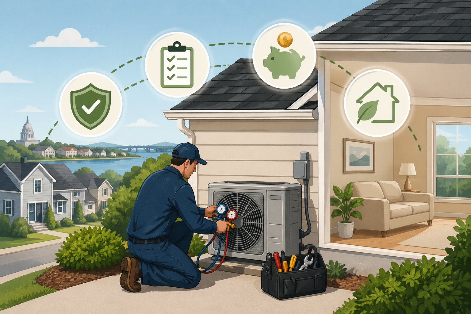 Technician inspecting outdoor HVAC unit beside a suburban house, with home icons suggesting maintenance services