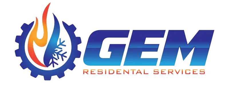 Logo for GEM Residential Services, with a gear, flame and snowflake icon, and text.