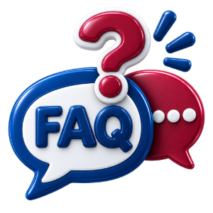 Blue and red chat bubbles with “FAQ” and a question mark icon