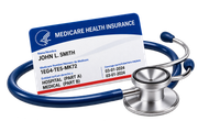 Blue Medicare health insurance card with stethoscope on white background