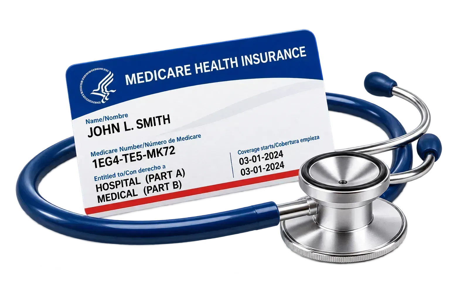 Blue Medicare health insurance card with stethoscope on white background